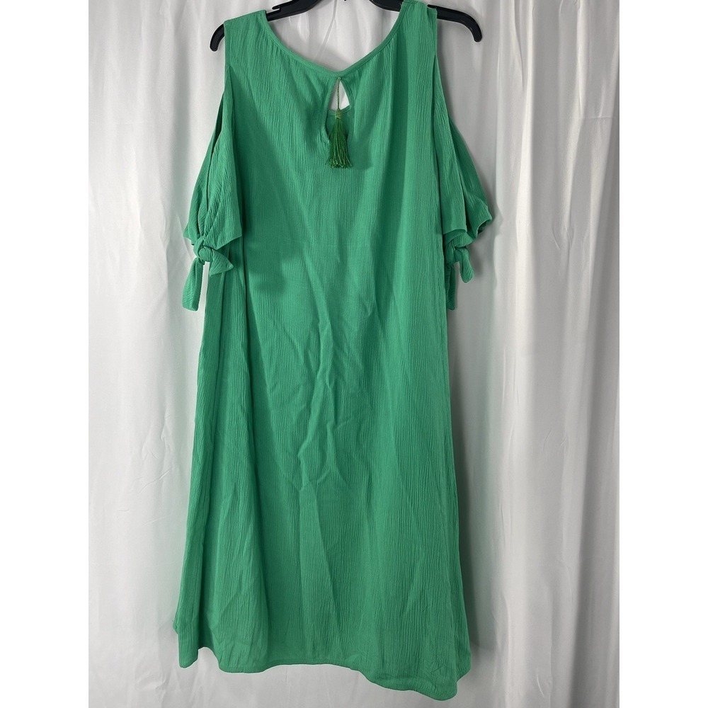 SOFT SURROUNDINGS WOMAN SIZE L GREEN CRINKLED A LINE MIDI DRESS COLD SHOULDER - Picture 6 of 15